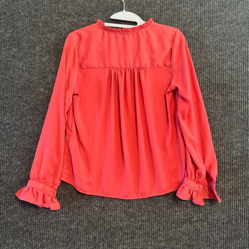 Allen Solly Blouse Women M Coral Pink Ruffle Tie Neck Jacquard Dot Long Sleeve - Picture 2 of 9